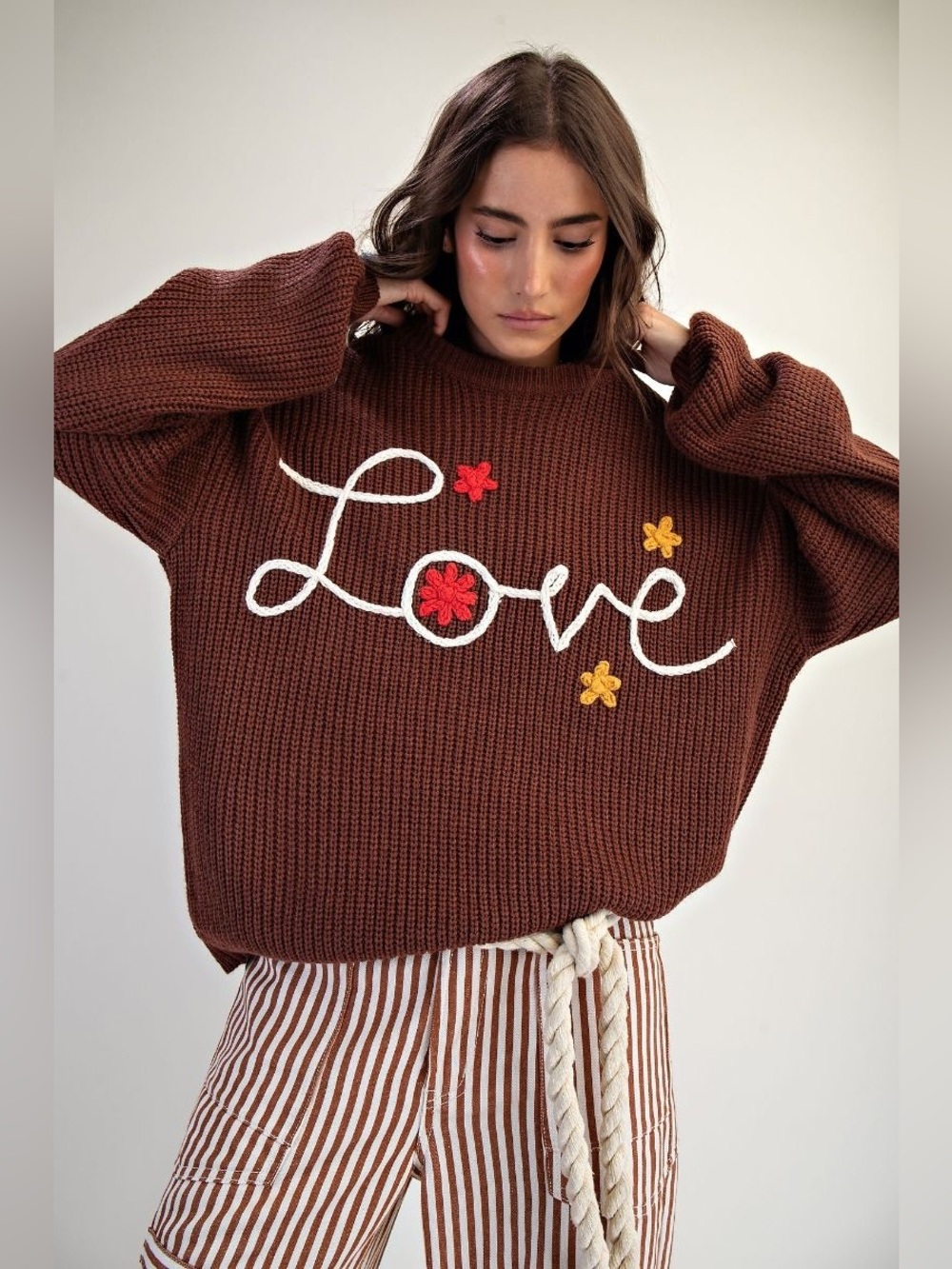 M6 New Easel Chocolate Brown 'Love' Embroidered Crewneck Sweater